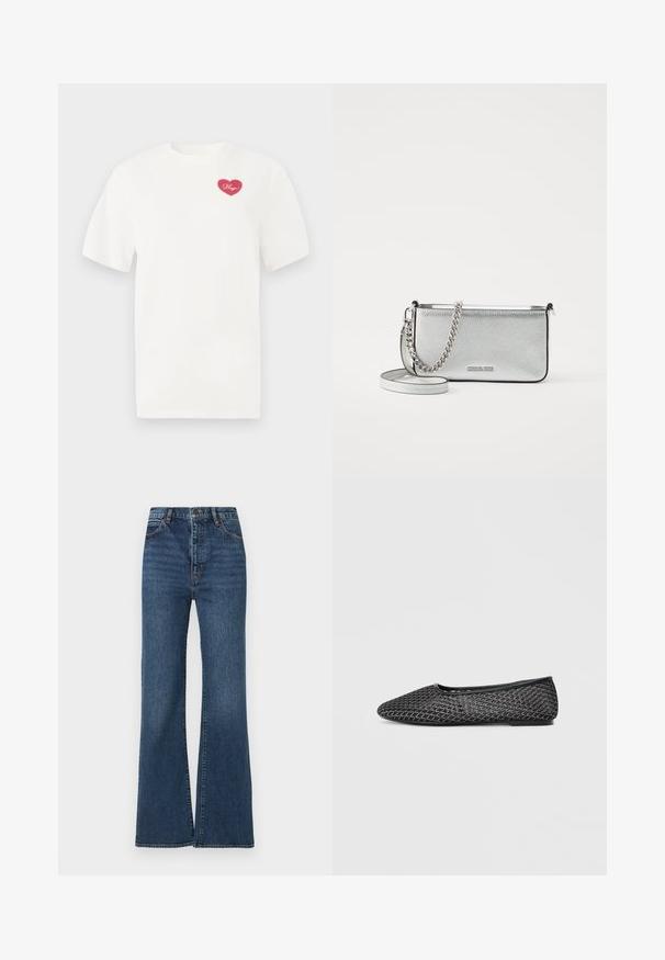 Hvid bomulds t-shirt med et rosa hjerteformet grafisk design med ordet "Hugs" i kursiv. Korte ærmer og afslappet pasform.; Blå denimjeans med vidde, høj talje, design med fem lommer og subtil falmning på stoffet for tekstur og dybde.; Sorte mesh balletflade med spidse tæer, tekstureret overdel med et geometrisk mønster og en flad gummisål.; Sølv læder crossbody taske med en tekstureret overflade, kæde- og remdetaljer samt lynlåslukning. Har et logo på forsiden.