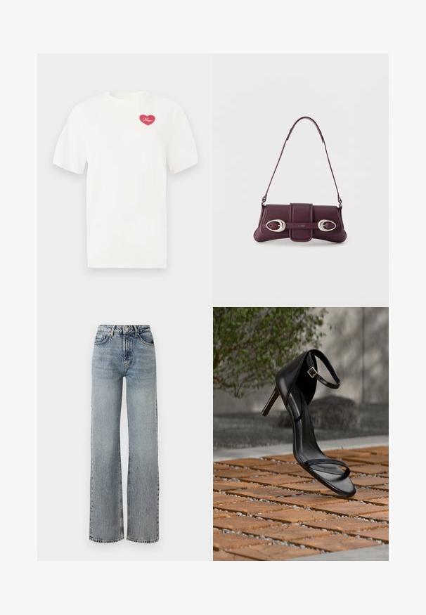 Weißes Baumwoll-T-Shirt mit einem pinkfarbenen herzförmigen Grafik und dem Wort "Hugs" in Schreibschrift. Mit kurzen Ärmeln und lässiger Passform.; Helleblaue Jeans aus Denim mit hoher Taille, weitem Bein, verwaschenem Finish und subtilen distressierten Details. Klassischer Fünf-Taschen-Stil.; Schwarze Sandalette mit hohem Absatz und Knöchelriemen schwebt über einem Holzboden im Freien vor verschwommenem Grün und Steinhintergrund.; Dunkellila Leder-Umhängetasche mit silbernen ovalen Schnallen und "HUGO"-Logo auf der vorderen Klappe, schmaler Riemen, minimalistisches Design.
