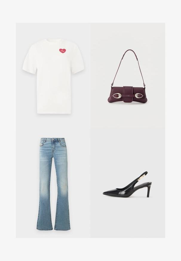 Hvid bomulds t-shirt med et rosa hjerteformet grafisk design med ordet "Hugs" i kursiv. Korte ærmer og afslappet pasform.; Flarvede blå denim jeans med en falmet vask, som har knap- og lynlåslukning, fem-lomme design og stikninger på sømmene.; Sort læder slingback højhælede sko med spidse tæer, glat overflade og en smal ankelrem med guldfarvede hardware detaljer.; Mørkelilla skuldertaske i læder med sølvfarvede ovale spænder og "HUGO"-logo på frontklappen, tynd rem, minimalistisk design.
