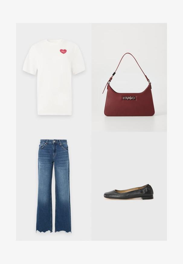 Weißes Baumwoll-T-Shirt mit einem pinkfarbenen herzförmigen Grafik und dem Wort "Hugs" in Schreibschrift. Mit kurzen Ärmeln und lässiger Passform.; Jeans aus Denim mit ausgestelltem Bein in mittlerem Blauton, mit ausgefranstem Saum, fünf Taschen und vorderer Knopfverschluss.; Schwarz Leder Ballerinas mit runder Zehenpartie und minimaler Naht. Niedriger, rechteckiger Absatz und glatte Textur. Dezente Innenfutterdetails.; Kleine rechteckige burgunderfarbene Lederhandtasche mit verstellbarem Riemen und silberner "HUGO"-Logoplatte auf der Vorderseite.