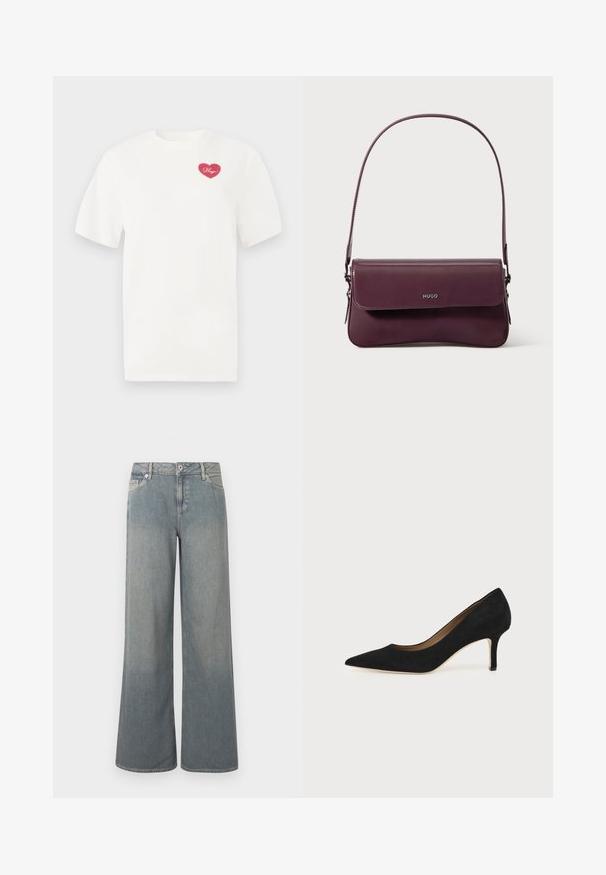 Hvid bomulds t-shirt med et rosa hjerteformet grafisk design med ordet "Hugs" i kursiv. Korte ærmer og afslappet pasform.; Lyseblå jeans med brede ben lavet af denim, der har et klassisk design med fem lommer, lynlås- og knaplås samt frynset kant.; Sort ruskind spids tå højhælet pumpe med en slank mellemhøj stilethæl og et lavt snit på en ensfarvet baggrund.; Bordeauxfarvet lædertaske med et struktureret design, der har en klaplukning og en justerbar rem. Logo detaljer præget på forsiden.