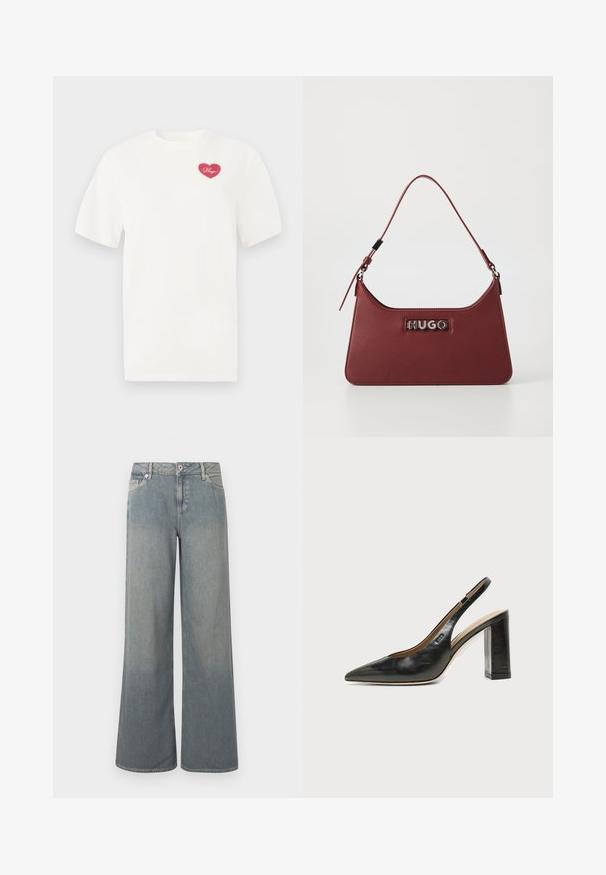 Witte katoenen t-shirt met een roze hartvormige graphic en het woord "Hugs" in cursief. Korte mouwen en een ontspannen pasvorm.; Lichtgewassen, wijde jeans van denim met een klassiek ontwerp met vijf zakken, een ritssluiting en knoop, en franjes aan de zoom.; Zwarte leren slingback schoen met spits toelopend neusje, hoge blokhak en beige binnenvoering tegen een effen lichte achtergrond.; Kleine rechthoekige bordeauxrode leren handtas met een verstelbare schouderband en een zilveren "HUGO" logo plaatje aan de voorkant.