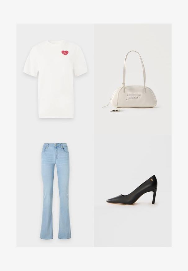 Weißes Baumwoll-T-Shirt mit einem pinkfarbenen herzförmigen Grafik und dem Wort "Hugs" in Schreibschrift. Mit kurzen Ärmeln und lässiger Passform.; Hellblaue, aus Denim material gefertigte Schlagjeans mit hoher Taille, fünf Taschen, einer vorderen Knopfleiste und minimalen Nähdetails.; Schwarzer Leder-Pumps mit spitzem Zehenbereich und mittelhohem Stiletto-Absatz sowie kleinem goldenen Emblem in der Nähe des Absatzes vor weißem Hintergrund.; Rechteckige Schultertasche in Cremefarbe mit langen Trägern, silbernem "tommy jeans"-Logo auf der Vorderseite und einem anhängenden Etikett am Reißverschluss.