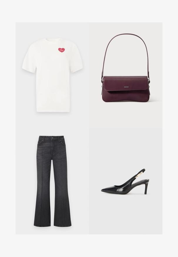Hvid bomulds t-shirt med et rosa hjerteformet grafisk design med ordet "Hugs" i kursiv. Korte ærmer og afslappet pasform.; Sorte jeans med vidde forneden og høj talje, udstyret med forlommer og kontrastsyninger langs sømmene, lavet af denimbetræk.; Sort læder slingback højhælede sko med spidse tæer, glat overflade og en smal ankelrem med guldfarvede hardware detaljer.; Bordeauxfarvet lædertaske med et struktureret design, der har en klaplukning og en justerbar rem. Logo detaljer præget på forsiden.