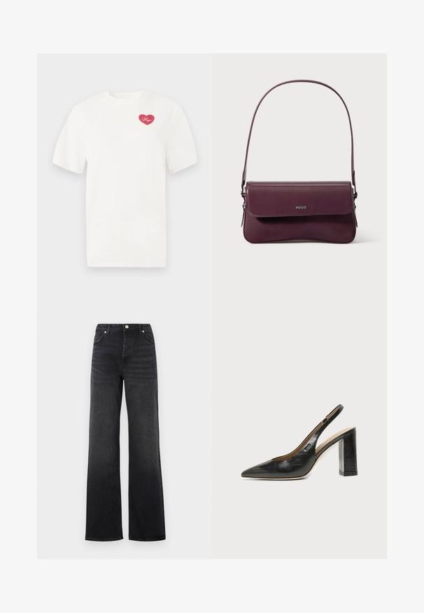 Hvid bomulds t-shirt med et rosa hjerteformet grafisk design med ordet "Hugs" i kursiv. Korte ærmer og afslappet pasform.; Sorte højtaljede wide-leg jeans med knaplukning og frontlommer, der har let falmede detaljer på lårerne.; Sort læder peep-toe slingback sko med blokhæl og et lille logo på siden, sat mod en enkel hvid baggrund.; Bordeauxfarvet lædertaske med et struktureret design, der har en klaplukning og en justerbar rem. Logo detaljer præget på forsiden.