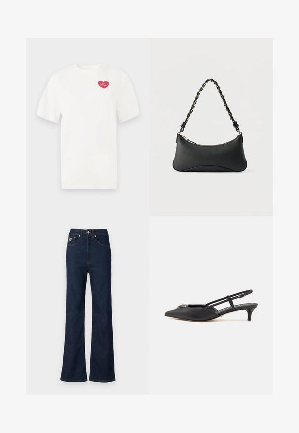 Hvid bomulds t-shirt med et rosa hjerteformet grafisk design med ordet "Hugs" i kursiv. Korte ærmer og afslappet pasform.; Mørkeblå svajede jeans lavet af denim, med høj talje, fem lommer og kontrastfarvet orange syning. Inkluderer metalknaplukning.; Sorte slingback-sko med spids tå, lavet af glat materiale, med en lille hæl og en dekorativ sølvaccent på vamps.; Sort skuldertaske i læder med en buet rektangulær form, gyldent kæde vævet ind i en flettet sort rem og toplynlås.