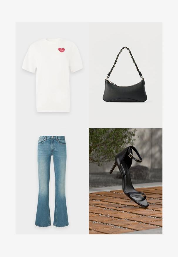 Weißes Baumwoll-T-Shirt mit einem pinkfarbenen herzförmigen Grafik und dem Wort "Hugs" in Schreibschrift. Mit kurzen Ärmeln und lässiger Passform.; Helle blaue Jeans mit ausgestelltem Bein, fünf Taschen, gestickten Details und einem Bund mit Knopf- und Reißverschluss.; Schwarze Sandalette mit hohem Absatz und Knöchelriemen schwebt über einem Holzboden im Freien vor verschwommenem Grün und Steinhintergrund.; Schwarze Lederschultertasche mit gewölbter rechteckiger Form, goldener Kette, die in den geflochtenen schwarzen Riemen eingewebt ist, und Reißverschlussverschluss oben.