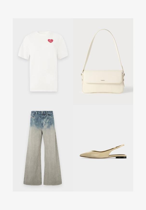 Hvid bomulds t-shirt med et rosa hjerteformet grafisk design med ordet "Hugs" i kursiv. Korte ærmer og afslappet pasform.; Højtaljede, vidbenede jeans med en falmet blå øverste halvdel, der går over i lysegrå på den nederste halvdel, med forlommer og bæltestropper.; Beige spids tå slingback flad sko med lav sort hæl og en glat læderfinish, vist fra siden på en ensfarvet baggrund.; Cremefarvet læder skuldertaske med flaplukning, sølvfarvet beslag, en enkelt justerbar rem og diskrete logodetaljer.