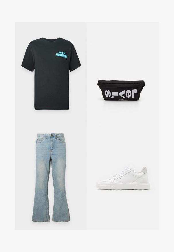 Zwarte katoenen t-shirt met korte mouwen, voorzien van een blauwe grafische afbeelding met de tekst "IRON MAIDEN" in gestileerde letters aan de voorkant.; Lichtblauwe flared jeans van denim met een medium hoge taille, vijf zakken en zichtbare stiksels. Beschikt over een gladde textuur en een standaard ritsluiting.; Witte leren sneakers met een gladde afwerking, ronde neus, platte veters en een gestructureerde zool. Grijze suède accent bij de hiel.; Zwarte stoffen tas met een platte vorm, voorzien van vet witte tekst. De ritssluiting bevindt zich aan de bovenkant, met een lus-detail aan één kant.