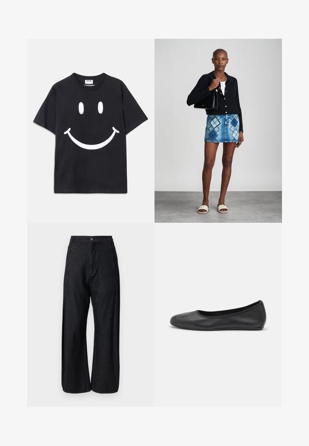 Sort t-shirt med korte ærmer lavet af bomuld, der har et stort hvidt smiley-ansigt grafisk design på forsiden. Klassisk rund halsudskæring.; Henrik Vibskov SHADE PANTS - Wide leg - dark denim; Sort læderballetsko med rund tå, glat tekstur, minimal syning og et fleksibelt såldesign.; Sort striktrøje, hvid top, denimnederdel med blå og sort diamantmønster, sort håndtaske og beige slidesandaler.