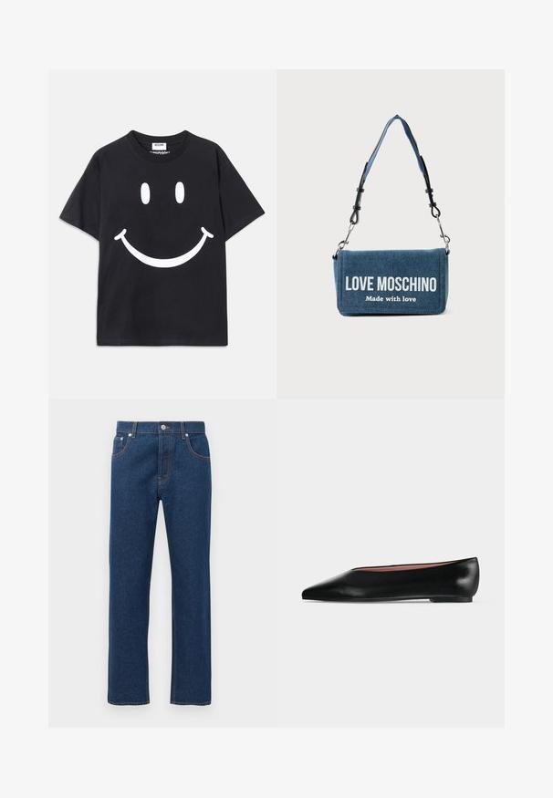 Sort t-shirt med korte ærmer lavet af bomuld, der har et stort hvidt smiley-ansigt grafisk design på forsiden. Klassisk rund halsudskæring.; Mørkeblå denim jeans med lige ben, for- og baglommer, bæltestropper, knaplukning og synlig orange sytråd.; Sort damesko i læder med flad hæl og spids tå, vist fra siden på en ensfarvet lys grå baggrund.; Denim skuldertaske med aftagelig rem, med teksten "LOVE MOSCHINO Made with love" på frontklappen.
