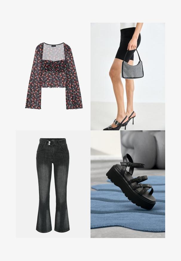 Blusa de malla floral con mangas largas y acampanadas. Base negra con un patrón floral en rojo y azul, con un cuerpo fruncido y un dobladillo ondulado.; Vaqueros negros de denim lavado con cintura alta, cierre de doble botón, bolsillos delanteros y piernas ligeramente acampanadas.; Sandalia de plataforma negra con tres correas ajustables con hebillas, colocada sobre una alfombra azul texturizada con fondo desenfocado.; Bolso de cuentas negras con una silueta curva, asa de transporte y textura brillante. Llevado con zapatos de tacón altos negros y pantalones cortos negros ajustados.