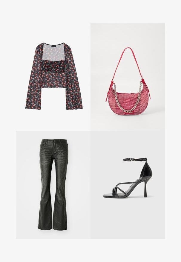 Blomster mesh top med lange, flared ærmer. Sort bund med rødt og blåt blomster mønster, udstyret med en rynket bodice og bølget kant.; Sorte faux læder flared jeans med forlommer, en metalknaplukning og en let tekstureret overflade. Ret ben med en lang skæring.; Sorte laklæder højhælede sandal med ankelrem, der har krydskrydsede stropper og en slank spids tå.; Rød perforeret håndtaske med en buet form, der har en sølv kædeaccent og en matchende skulderrem. Logo vist på fronten.