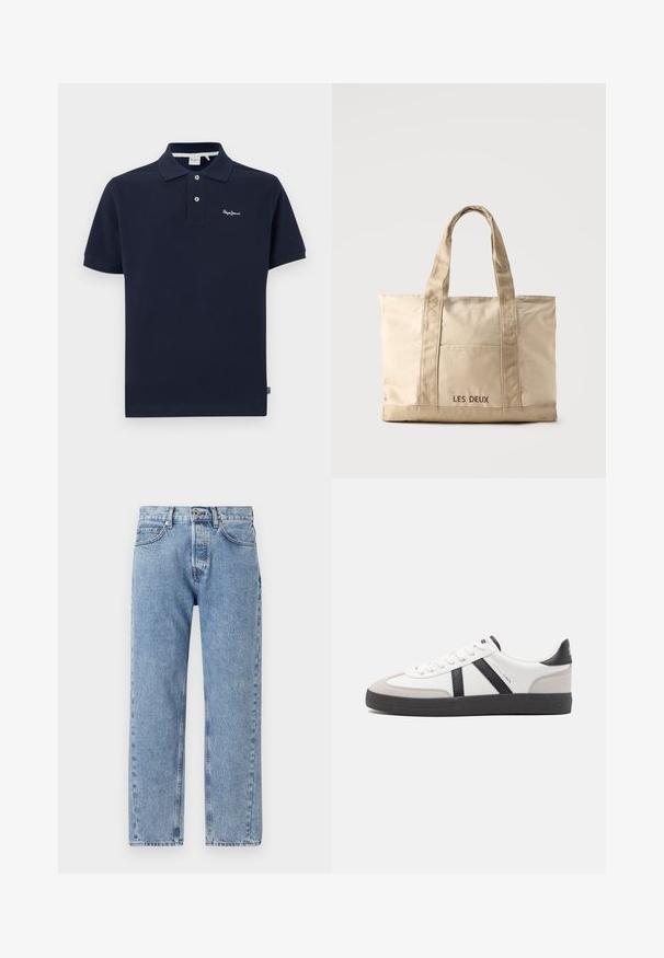 Polo de color navy hecho de algodón, con un cuello clásico, mangas cortas, tapeta de dos botones y un pequeño logo bordado en el pecho.; Jeans de mezclilla azul claro con un corte holgado, diseño de pierna recta, cinco bolsillos y detalles de costura visibles en las costuras.; Zapatilla blanca con acentos en negro y gris, que presenta una puntera texturizada en gris, suela de goma negra y cordones planos blancos. Diseño limpio, estilo minimalista.; Bolsa tote de lona beige con dos asas y bolsillo delantero, "LES DEUX" bordado en el bolsillo.