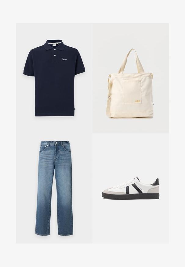 Marineblå polo skjorte lavet af bomuld, udstyret med en klassisk krave, korte ærmer, to-knappers stolpe og et lille broderet logo på brystet.; Blå denimjeans med lige ben, med en falmet vask, bælteløkker, fem lommer og en klassisk knaplukning.; Hvide sneakers med sorte og grå detaljer, med en tekstureret grå tåhætte, sort gummisål og flade hvide snørebånd. Rent design, minimalistisk stil.; Kremfarvet lærredstote-taske med frontlomme, to håndtag, justerbar skulderrem og lille gul "O.N.S" tekst i nederste højre hjørne af lommen.