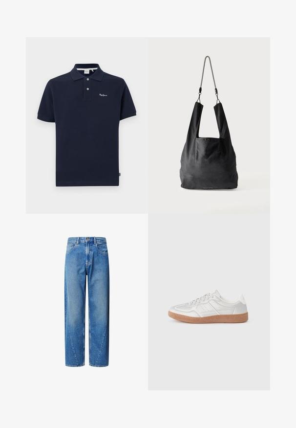Marineblå polo skjorte lavet af bomuld, udstyret med en klassisk krave, korte ærmer, to-knappers stolpe og et lille broderet logo på brystet.; Lys blå denim jeans med høj talje, vidde ben og skrå yokesømme. Har fem lommer og knaplukning.; Sølv sneakers med en glat overflade, snørebånd, perforerede detaljer og en struktureret brun gummi sål.; Sort blød stofnettaske med brede håndtag og en tynd sort-hvid flettet skulderrem.