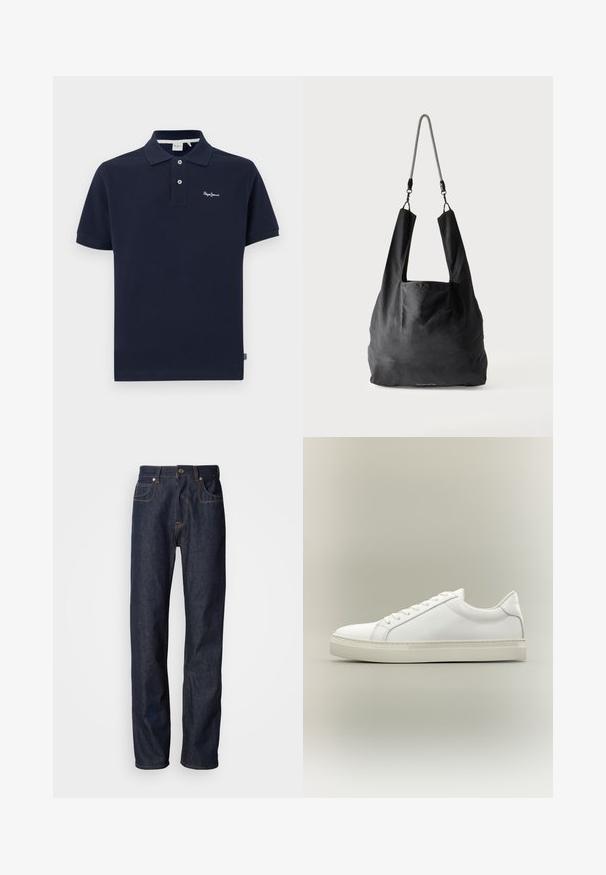Marineblaues Poloshirt aus Baumwolle mit klassischem Kragen, kurzen Ärmeln, einer zwei-Knopf-Leiste und kleinem gesticktem Logo auf der Brust.; Dunkelblaue Jeans aus Denim mit geradem Schnitt, versehen mit kupferfarbigen Nähten, einem Fünf-Taschen-Design sowie einem klassischen Reißverschluss und Knopfverschluss.; Weißer Sneaker mit niedrigem Schaft, vorn mit Schnürung und dicker Sohle, aus der Seitenansicht vor neutralem Hintergrund.; Schwarze weiche Stofftragetasche mit breiten Griffen und einem dünnen schwarz-weißen geflochtenen Schulterriemen.