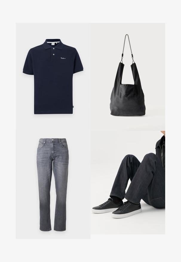 Polo de color navy hecho de algodón, con un cuello clásico, mangas cortas, tapeta de dos botones y un pequeño logo bordado en el pecho.; Vaqueros de mezclilla en gris oscuro con un corte recto, cinco bolsillos y cierre de botón. Presenta un ligero desgastado y una textura suave.; Persona sentada con las piernas dobladas, vistiendo vaqueros azul oscuro y zapatillas bajas negras con suelas blancas sobre un fondo blanco.; Bolsa de mano de tela negra suave con asas anchas y una delgada correa de hombro trenzada en negro y blanco.