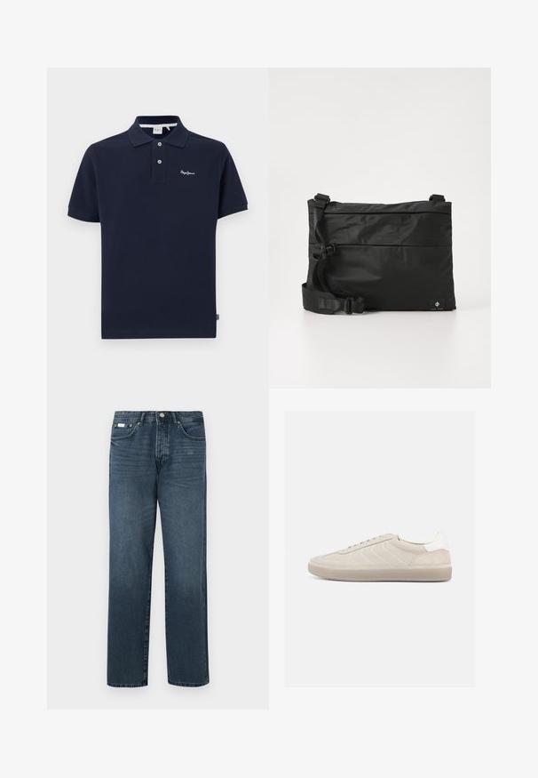 Polo de color navy hecho de algodón, con un cuello clásico, mangas cortas, tapeta de dos botones y un pequeño logo bordado en el pecho.; Vaqueros de mezclilla azul oscuro con corte recto, cinco bolsillos, trabillas para cinturón y cierre de cremallera. Textura suave con sutiles detalles de desgaste.; Zapatilla beige de ante con parte superior texturizada, contrafuerte de talón blanco liso, cordones finos y suela de goma. Presenta un diseño de perfil bajo.; Bolso mensajero de nylon negro con correa ajustable, diseño plano y una etiqueta lateral con un logo. Textura suave y estilo minimalista.