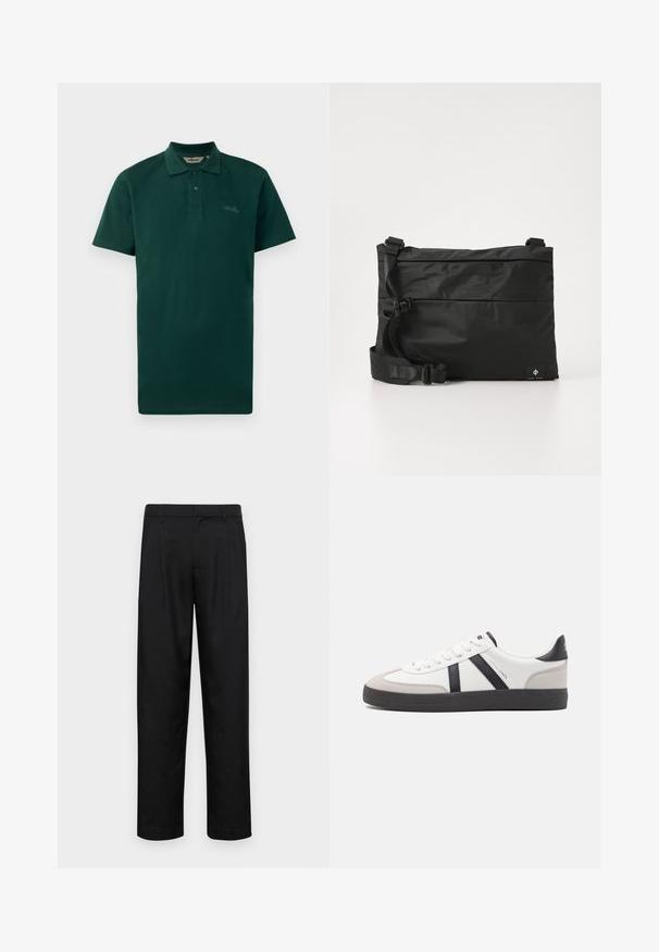 Dunkelgrünes Poloshirt, kurze Ärmel, Zwei-Knopf-Leiste, gerippter Kragen und dezentes Logo auf der Brust. Hergestellt aus strukturiertem Baumwollstoff.; Schwarze Hose aus glattem Stoff, mit geradem Bein Design, zwei vorderen Falten und einem Standardbund mit Gürtelschlaufen.; Weiße Sneaker mit schwarz- und grau-aczenten, ausgestattet mit einer strukturierten grauen Zehenkappe, schwarzer Gummi-Sohle und flachen weißen Schnürsenkeln. Sauberes Design, minimalistische Stil.; Schwarze Nylon-Umhängetasche mit verstellbarem Riemen, flachem Design und seitlichem Etikett mit Logo. Glatte Textur und minimalistischer Stil.