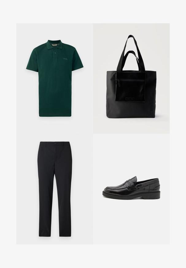 Polo de color verde oscuro, de mangas cortas, con tapeta de dos botones, cuello acanalado y logo sutil en el pecho. Fabricado con una tela de algodón texturizada.; Pantalones negros de pierna recta con cierre de botones y trabillas para cinturón, diseñados para uso formal o de negocios.; Mocasines de cuero negro con un acabado suave, punta redondeada, tacón bajo y costura decorativa en la parte delantera. Suela de goma para mayor agarre.; Bolso tote negro con bolsillo frontal con cremallera y asas dobles, sobre un fondo claro y liso.