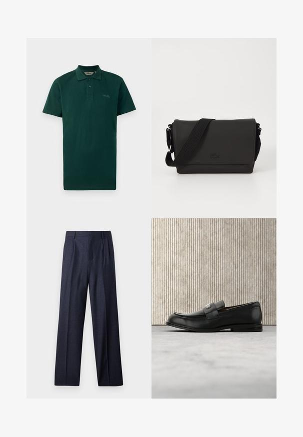 Mørkegrøn polo-shirt, korte ærmer, to-knaps placket, ribbet krave og diskret logo på brystet. Lavet af tekstureret bomuldsstof.; Marineblå uldbukser med en skræddersyet pasform, der har plisseret foran og brede ben. Glat tekstur og rene linjer, velegnet til formelle anledninger.; Sort læderloafer med metalbrandskilt hvilende nær et brunt rundt bord på beige tæppe.; Lacoste MESSENGER BAG MEN CLASSIC - Skuldertasker - noir
