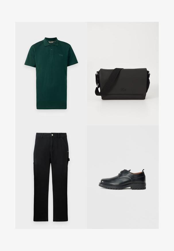 Polo de color verde oscuro, de mangas cortas, con tapeta de dos botones, cuello acanalado y logo sutil en el pecho. Fabricado con una tela de algodón texturizada.; Pantalones de trabajo rectos negros con bolsillos frontales, cinturas, cierre de botón y lazo lateral para herramientas sobre un fondo liso.; Zapatos derby de cuero negro con una textura suave, punta redondeada, diseño de cordones y una suela de goma gruesa y resistente.; Lacoste MESSENGER BAG MEN CLASSIC - Bandolera - noir