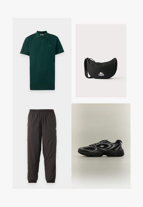 Tume roheline polo särk, lühikesed varrukad, kahe nupuga kaelus, soonikkoes kaelus ja diskreetne logo rinna peal. Valmistatud tekstuurilisest puuvillakangast.; Mustad, kerge, elastse vööümbermõõduga püksid, millel on lõtv istuvus. Omavad elastseid mansette ja diskreetset logo külgedel. Sile tekstuur.; Mustade ja hallide sportlike sneakersiteeritud võrkpaneelidega, sidumisega disain, paks tallaosa ja väike krokodillilogo küljes.; Must Lacoste õlakott, kõverdatud kujuga, reguleeritava rihmaga ja valge reljeefse krokodilli logoga brändinime kohal ees.