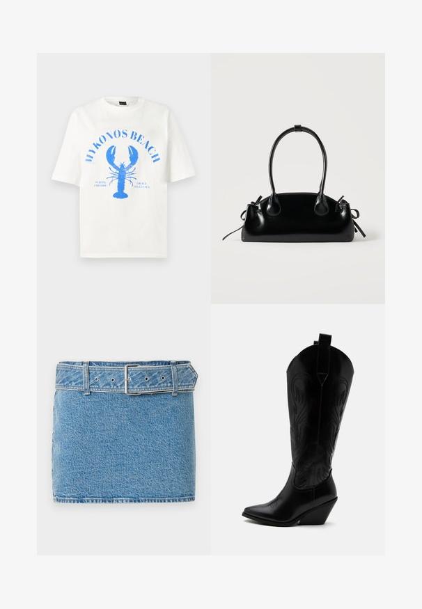Weißes Baumwoll-T-Shirt mit kurzen Ärmeln, das ein blaues Hummer-Motiv und den Schriftzug "MYKONOS BEACH" in einer gewölbten Anordnung zeigt.; Abercrombie & Fitch CLASSIC BELTED SCARLETTE MINI SKORT - Jeansrock - blue denim; Schwarzer Leder-Cowboystiefel mit spitzer Zehe, schrägem Blockabsatz, dekorativer Naht und Zuglaschen oben vor weißem Hintergrund.; Kleine schwarze glänzende Handtasche mit zwei langen Griffen und seitlichen Kordelzug-Details vor einfachem hellem Hintergrund.