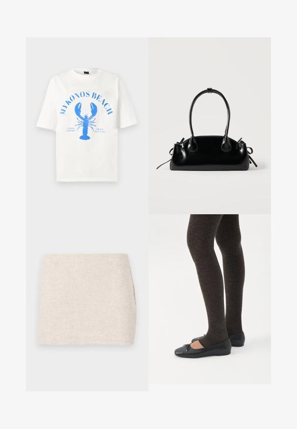 Biela bavlnená tričko s krátkymi rukávmi, na ktorom sa nachádza modrá grafika homára a text "MYKONOS BEACH" usporiadaný do oblúka.; Béžová ľanová sukňa s minimalistickým dizajnom, ktorá má hladkú textúru a jemné tkávanie. Má rovný, jednoduchý strih bez viditeľných zapínaní.; Nohy v tmavých pásikavých legínach v kombinácii s čiernymi balerínkami s malými mašličkami na bielom pozadí.; Malá čierna lesklá kabelka s dvoma dlhými rúčkami a bočnými šnúrkovými detailmi na jednoduchom svetlom pozadí.