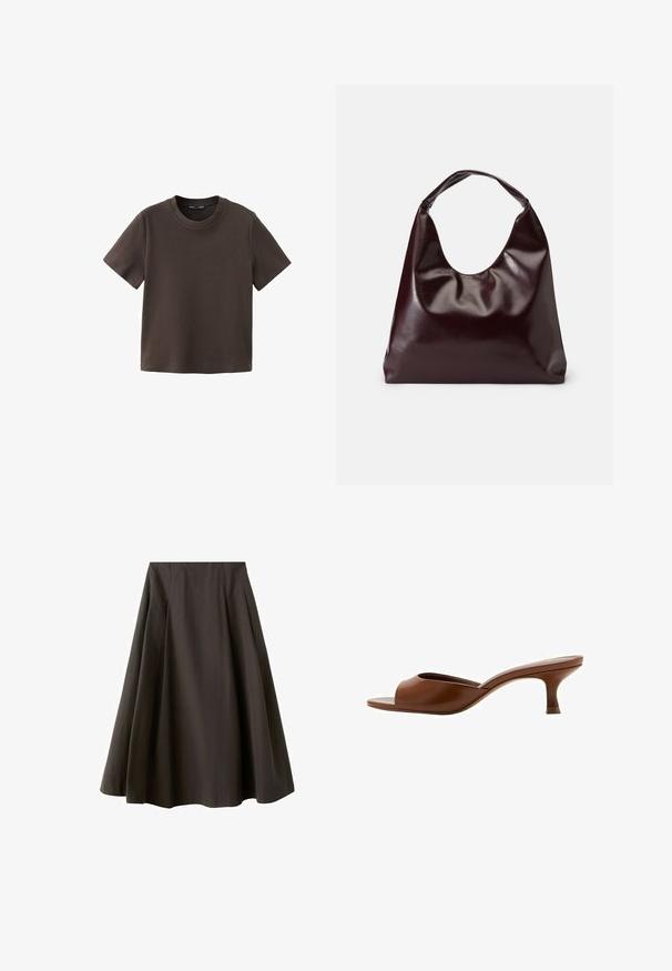 T-shirt uni marron foncé à manches courtes et col rond, avec un ourlet droit, présenté sur un fond blanc.; Jupe noire trapèze à taille haute avec ourlet évasé, fabriquée en tissu lisse, présentée sur fond blanc.; Mule sandale à bout ouvert marron avec un petit talon incurvé bas et une tige en cuir lisse, vue de profil sur un fond blanc.; Sac en cuir vegan bordeaux, brillant, avec une forme douce et sculpturale et une large poignée incurvée pour un transport facile.