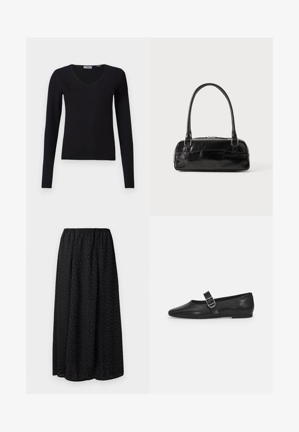 Sort langærmet V-hals sweater præsenteret på en hvid baggrund, med ribbet tekstur og et enkelt, afslappet design.; Sort skirt lavet af letvægtsstof med en samlet talje. Den har et mønster af små hvide prikker over hele stoffet.; Sorte læder flade sko med rund tå, et enkelt justerbart spænde og en glat, blank overflade. Minimalistisk design med en lav hæl.; Sort læderhåndtaske med rektangulær form, der har et enkelt struktureret håndtag, sølvhardware og lynlås-lukning. Glat tekstur.