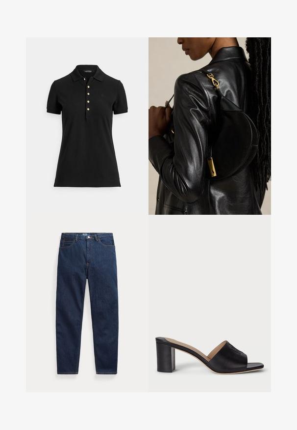 Sort poloshirt lavet af struktureret stof med krave, korte ærmer og en slids med guldknapper. Diskret logodetalje på brystet.; Mørkeblå denimjeans med fem lommer, knaplukning og lige ben, lagt fladt på en hvid baggrund.; Sorte læder slide sandaler med blokhæl og åben tå samt præget logo detaljer. Glat overflade med en strømlinet design for stabilitet.; Person iført sort læderjakke bærer sort halvmåneformet håndtaske med guldlås over skulderen mod ensfarvet baggrund.