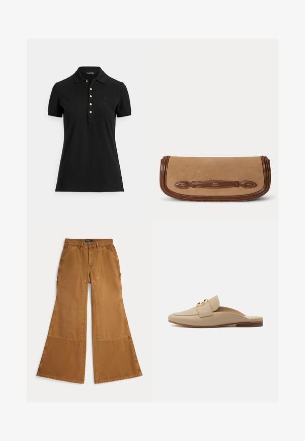 Schwarzes Poloshirt aus strukturiertem Stoff mit Kragen, kurzen Ärmeln und einer Knopfleiste mit goldfarbenen Knöpfen. Dezentes Logodetail auf der Brust.; Braune, weit geschnittene Baumwollhose mit aufgesetzten Details, Knopfverschluss und schrägen Taschen auf der Vorderseite. Glatte Textur, lässiges Design.; Beiger Slip-on flacher Loafer mit abgerundeter Spitze, strukturierter Oberfläche, breitem Riemen und goldenem rundem Schnallendetail auf weißem Hintergrund.; Beige Stoff-Clutch mit braunen Lederbesätzen und Griff, geprägt mit Polo by Ralph Lauren Branding.