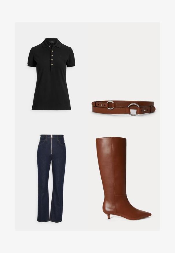Sort poloshirt lavet af struktureret stof med krave, korte ærmer og en slids med guldknapper. Diskret logodetalje på brystet.; FRAME HIGH EXPOSED ZIP - Jeans Straight Leg - dark blue; Brun læder knæhøj støvle med spids tå og lav kitten hæl vist mod en ensartet lys baggrund.; Brunt læderbælte med sølvfarvede cirkulære metalringe og justerbare spændehuller på en ensfarvet lys baggrund.