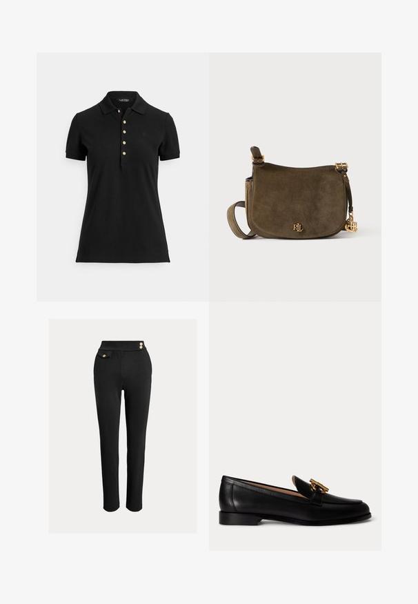 Zwart poloshirt van gestructureerde stof, met een kraag, korte mouwen en een knopenlijst met gouden knopen. Subtiel logodetail op de borst.; Zwarte slim-fit broeken met hoge taille, decoratieve gouden knopen op de tailleband en een klein klepzakje aan de rechterkant.; Zwarte leren loafer met lage hak en gouden metalen gespdetail bovenop, van opzij getoond op een witte achtergrond.; Olijfgroene suède schoudertas met goudkleurig "RL" logo en bedel, verstelbare band en klepafsluiting op een neutrale achtergrond.