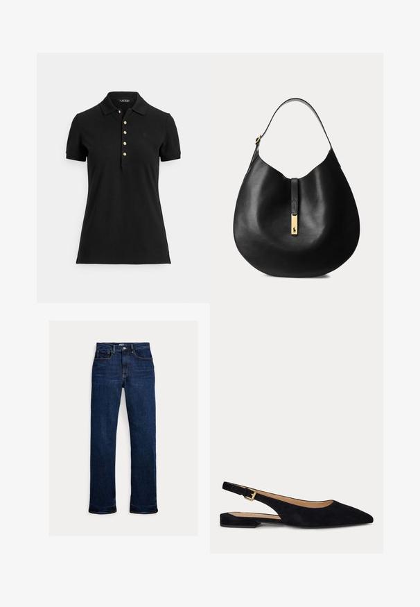 Polo negro de tela texturizada, con cuello, mangas cortas y una tapeta con botones dorados. Detalle sutil del logo en el pecho.; Vaqueros de mezclilla azul oscuro de pernera recta con botón y cremallera delanteros, diseño de cinco bolsillos y detalles de costuras visibles.; Zapato plano slingback de ante negro con punta puntiaguda, tacón bajo y correa ajustable con hebilla dorada.; Bolso hobo de cuero negro con una única correa para el hombro y un cierre rectangular dorado con un pequeño logotipo.