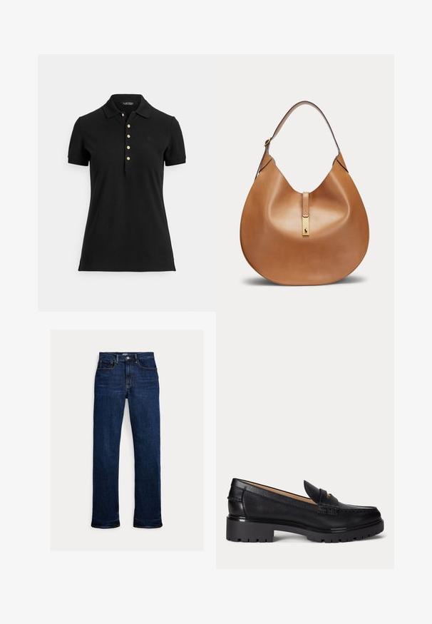 Schwarzes Poloshirt aus strukturiertem Stoff mit Kragen, kurzen Ärmeln und einer Knopfleiste mit goldfarbenen Knöpfen. Dezentes Logodetail auf der Brust.; Dunkelblaue Straight-Leg-Denim-Jeans mit Frontknopf und Reißverschluss, Fünf-Taschen-Design und sichtbaren Nähten.; Schwarzer Lederloafer mit grober profillierter Sohle, niedrigem Absatz und dekorativem Riemen über dem Vorderfuß.; Braune Leder-Hobo-Tasche mit einem Riemen und einem goldenen Metallverschluss mit kleinem Pferdelogo.