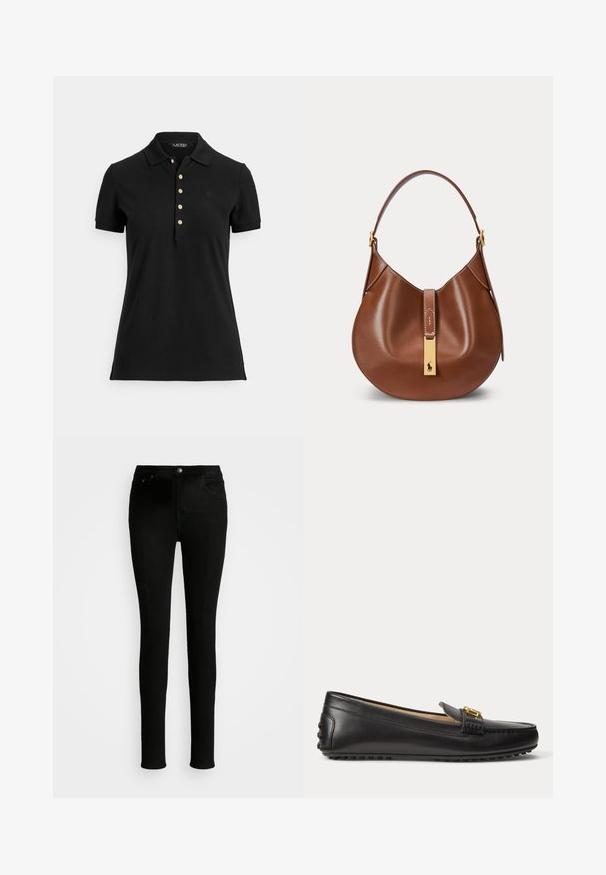 Schwarzes Poloshirt aus strukturiertem Stoff mit Kragen, kurzen Ärmeln und einer Knopfleiste mit goldfarbenen Knöpfen. Dezentes Logodetail auf der Brust.; Schwarze Skinny-Jeans aus weichem Baumwollmischgewebe. Mit zwei Fronttaschen, einer Gesäßtasche und einem Knopfverschluss an der Taille.; Schwarzer Lederloafer mit goldener Schnallendetailierung und gummierter, genoppter Sohle, seitlich auf weißem Hintergrund dargestellt.; Braune Lederhandtasche mit geschwungener Form, einem Riemen und einem goldenen rechteckigen Verschluss mit kleinem Pferdelogo auf der Vorderseite.