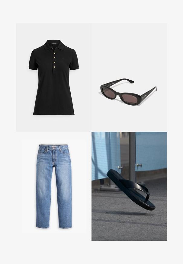 Sort poloshirt lavet af struktureret stof med krave, korte ærmer og en slids med guldknapper. Diskret logodetalje på brystet.; Lyseblå denimjeans med lige pasform, fem lommer og lynlåsgylf. Stoffet har en klassisk tekstureret overflade med let falming.; Sort flip-flop sandal svævende i luften over asfalt, med blå stofpaneler og metalstolper i baggrunden.; Sorte solbriller med ovale rammer, mørkt tonede linser og "vogue" trykt i hvidt på de ydre arme. Glat plastmateriale.