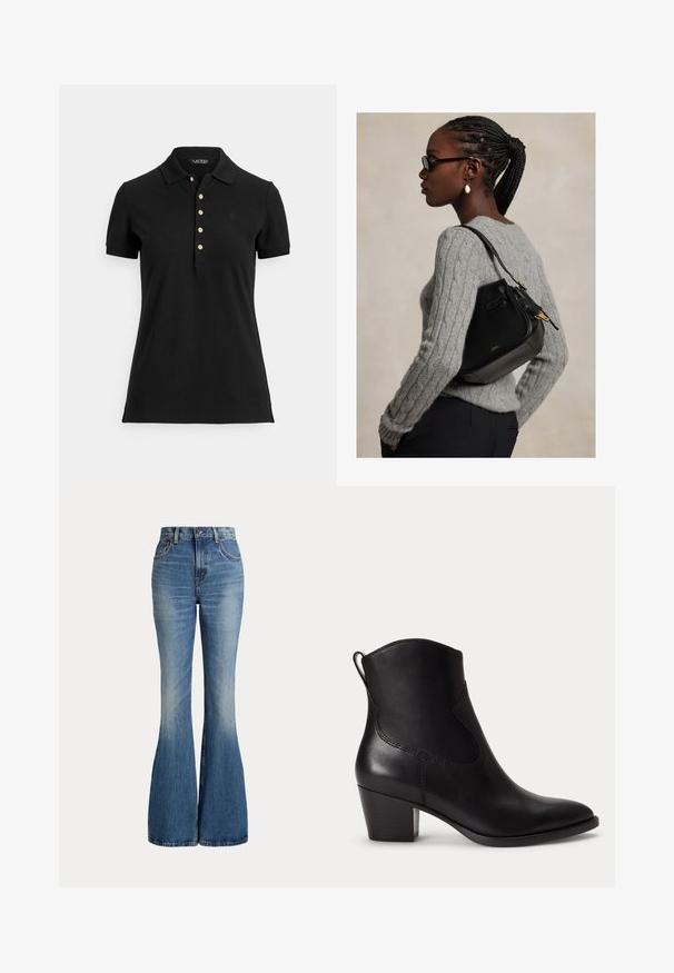 Schwarzes Poloshirt aus strukturiertem Stoff mit Kragen, kurzen Ärmeln und einer Knopfleiste mit goldfarbenen Knöpfen. Dezentes Logodetail auf der Brust.; Hoch taillierte blaue Denim-Jeans mit ausgestellten Beinen und leichtem Verblassen im vorderen Oberschenkelbereich, vor weißem Hintergrund gezeigt.; Schwarzer Lederknöchelstiefel mit niedrigem Blockabsatz, abgerundeter Spitze und Zuglasche hinten vor schlichtem weißem Hintergrund.; Frau mit geflochtenem Haar und Brille, die einen grauen Zopfpullover trägt und eine schwarze Lederschultertasche mit goldenen Beschlägen trägt.