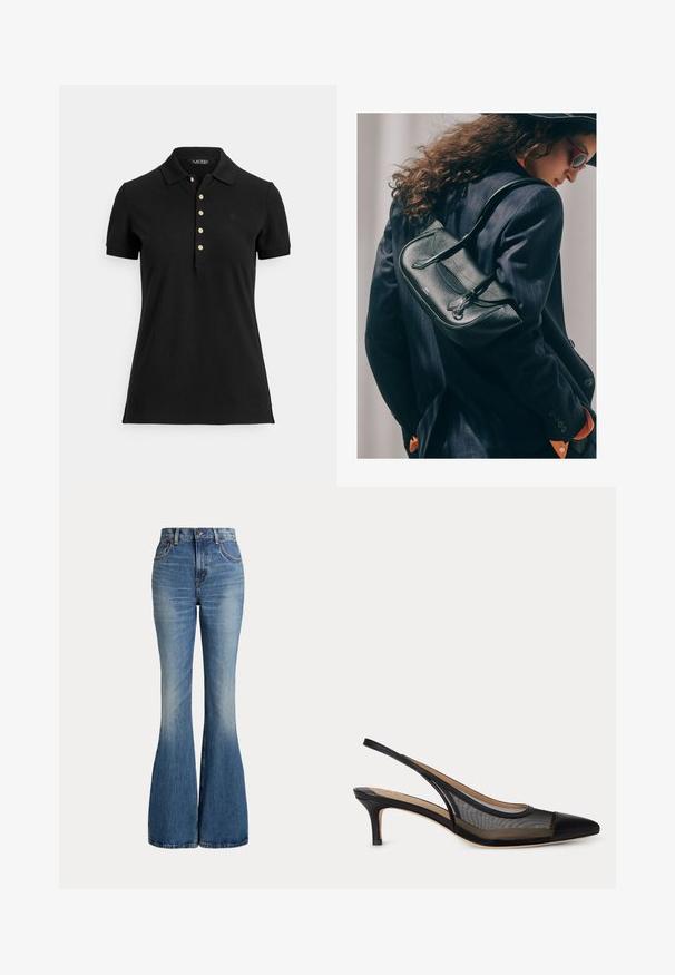 Schwarzes Poloshirt aus strukturiertem Stoff mit Kragen, kurzen Ärmeln und einer Knopfleiste mit goldfarbenen Knöpfen. Dezentes Logodetail auf der Brust.; Hoch taillierte blaue Denim-Jeans mit ausgestellten Beinen und leichtem Verblassen im vorderen Oberschenkelbereich, vor weißem Hintergrund gezeigt.; Schwarzer Slingback-Kitten-Heel-Schuh mit spitzer Zehenpartie und transparenten Mesh-Seiten, beigem Innenfutter und dünnem Riemen hinten.; Frau mit langen lockigen Haaren, die eine Sonnenbrille und einen dunklen Nadelstreifenanzug trägt, trägt eine schwarze Lederhandtasche über der Schulter.