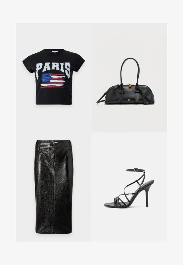 Sort bomulds t-shirt med "PARIS" i fede hvide bogstaver og et slidt amerikansk flag grafik i rød, hvid og blå. Korte ærmer.; Sort nederdel i kunstlæder med skinnende finish, knælængde og tætsiddende silhuet. Har lynlås og en enkelt knap i taljen.; Sort højhælet sandal med tynde stropper, en ankelspænde, en glat læderoverflade og en slank stilethæl.; Sort læderhåndtaske med rund form, guldfarvede beslag, to håndtag og aftagelig skulderrem. Indeholder logo og lynlås lukning.