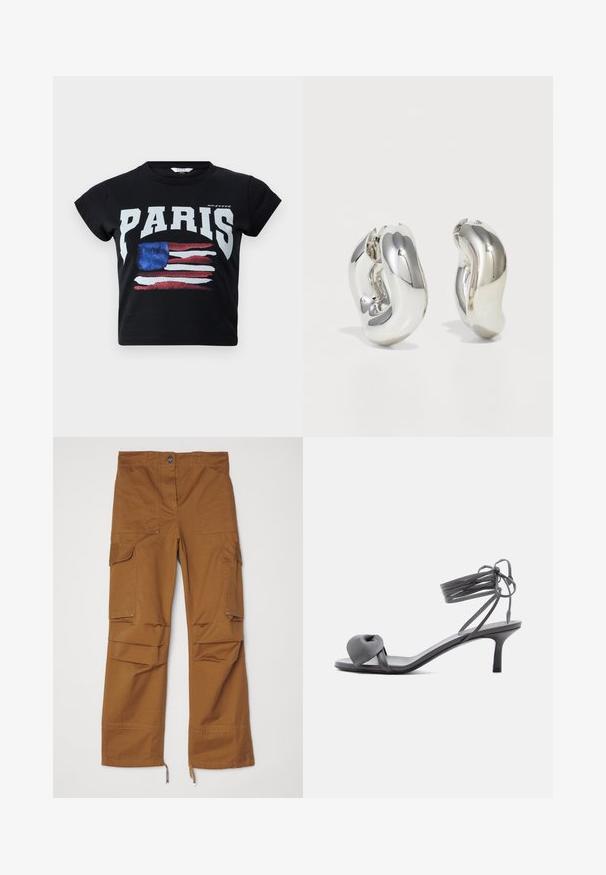 Sort bomulds t-shirt med "PARIS" i fede hvide bogstaver og et slidt amerikansk flag grafik i rød, hvid og blå. Korte ærmer.; Brune cargo bukser med lige ben, flere lommer og lynlåse ved kanten. Fremstillet af slidstærkt stof.; Grå læder sandal med hæl, knyttet rem ved tæerne og snørebånd, der vikles om anklen, på slank mellemhøj hæl mod hvid baggrund.; Sølvskulpturelle øreringe med glatte, buede former og reflekterende overflader. Har et lukket hoop-design og en markant organisk form.