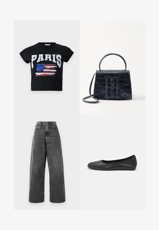 Zwart katoenen T-shirt met "PARIS" in vetgedrukte witte letters en een verouderde Amerikaanse vlag in rood, wit en blauw. Korte mouwen.; Hoge taille spijkerbroek met wijde pijpen in vervaagd zwart denim, voorzien van voorzakken, riemlussen en een koperen knoopsluiting.; Zwarte leren ballerina met een ronde neus, gladde textuur, minimale stikdetails en een flexibele zoolontwerp.; Zwarte handtas van krokodillleer met een gestructureerd ontwerp, bovenhandvat, verstelbare schouderband en een opvallend voorlogo.