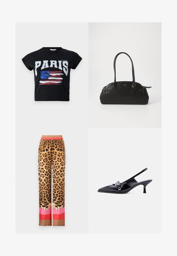 Sort bomulds t-shirt med "PARIS" i fede hvide bogstaver og et slidt amerikansk flag grafik i rød, hvid og blå. Korte ærmer.; Leopardprintede bukser med brede ben og elastisk talje, lyserøde og røde farveblokke nær kanten mod en lys baggrund.; Sort laklæderslingbacksko med lille hæl, spids tå og sølvsfarvet spænde på ensartet hvid baggrund.; Sort læderhåndtaske i rund form, med to lange håndtag, guldfarvet hardware og et lille mærke vedhæftet. Lynlåslukning på toppen.