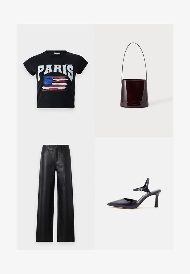 Zwart katoenen T-shirt met "PARIS" in vetgedrukte witte letters en een verouderde Amerikaanse vlag in rood, wit en blauw. Korte mouwen.; Zwarte leren broek met wijde pijpen en een gladde textuur, voorzien van voorzakken, een knoopsluiting en subtiele stiksels.; Zwarte pumps met spits toelopende neus, dunne enkelriem en zilveren gesp, glad lederen afwerking, elegante damesschoen.; Donkerbruine glanzende emmerhandtas met een lange dunne riem en minimale zichtbare stiksels op een lichte achtergrond.