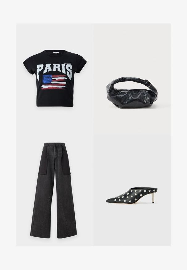 Camiseta de algodón negra con "PARIS" en letras blancas en negrita y un gráfico desgastado de la bandera americana en rojo, blanco y azul. Mangas cortas.; Jeans de pierna ancha hechos de denim oscuro con paneles de tela negros a los lados, que presentan una cintura alta y detalles de costura visibles.; STAND STUDIO KELSEY - Mules de tacón - black; Bolso negro hecho de un material brillante y texturizado con un asa circular retorcida y un cierre de cremallera. Presenta un diseño suave y arrugado.