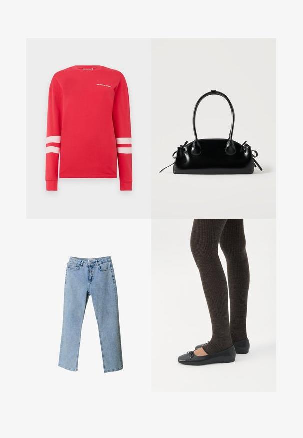 Rød langærmet skjorte i bomuld med hvid tekst "COLOURFUL REBEL" og to vandrette hvide striber på ærmerne. Klassisk crew neck-design.; Lyseblå denim jeans med lige ben design, fem-lomme stil og en taljebranding. Har lysnede områder for tekstur.; Ben iført mørke ribbede leggings kombineret med sorte balletsko med små sløjfedetaljer på hvid baggrund.; Lille sort blank håndtaske med to lange håndtag og snøre-detaljer i siden på en ensfarvet lys baggrund.