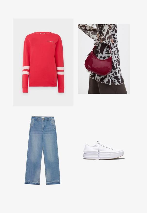 Rød langærmet skjorte i bomuld med hvid tekst "COLOURFUL REBEL" og to vandrette hvide striber på ærmerne. Klassisk crew neck-design.; Lyseblå højtaljede wide-leg jeans med knaplukning, frontlommer, bæltestropper og diskret falmet detaljer.; Hvid lavt snørestøvle med tyk plateau-sål, snørelukning foran og gummiforstærket tåkap, set i sideprofil.; Kvinde iført en sort- og hvidmønstret bluse, der holder en blank rød skuldertaske mod en ensfarvet baggrund.